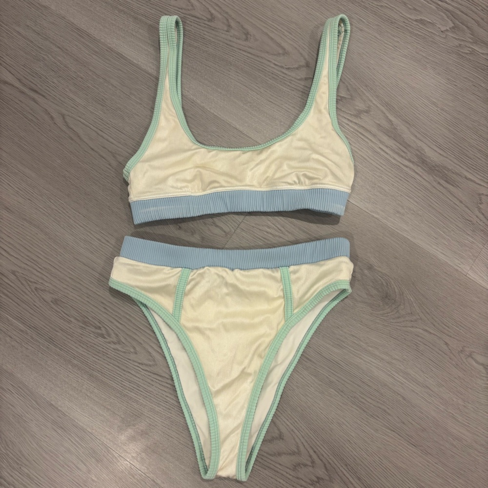 Urban Outfitters Women's Cream and Mint Two-Piece Swim Set